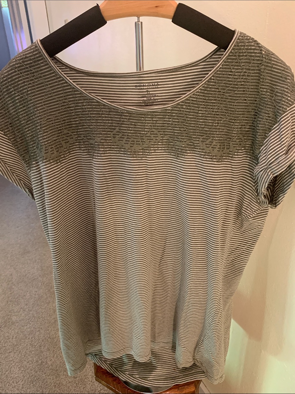 Sonoma Olive Green and White Striped Lace-Yoke Short Sleeve Tee